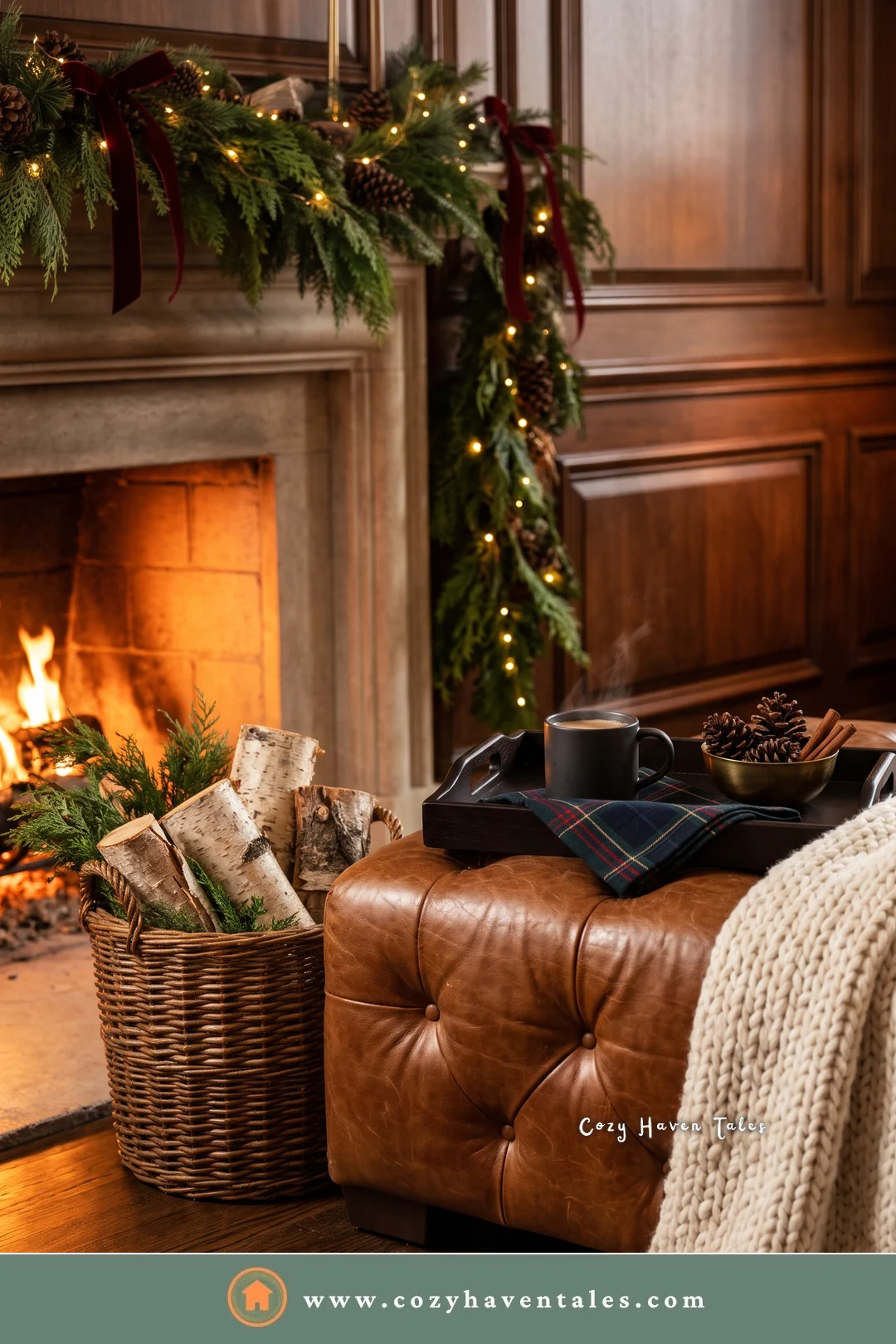 Tufted cognac leather ottoman with a cream knit throw, a tray with a mug, and a basket of birch logs by the fire