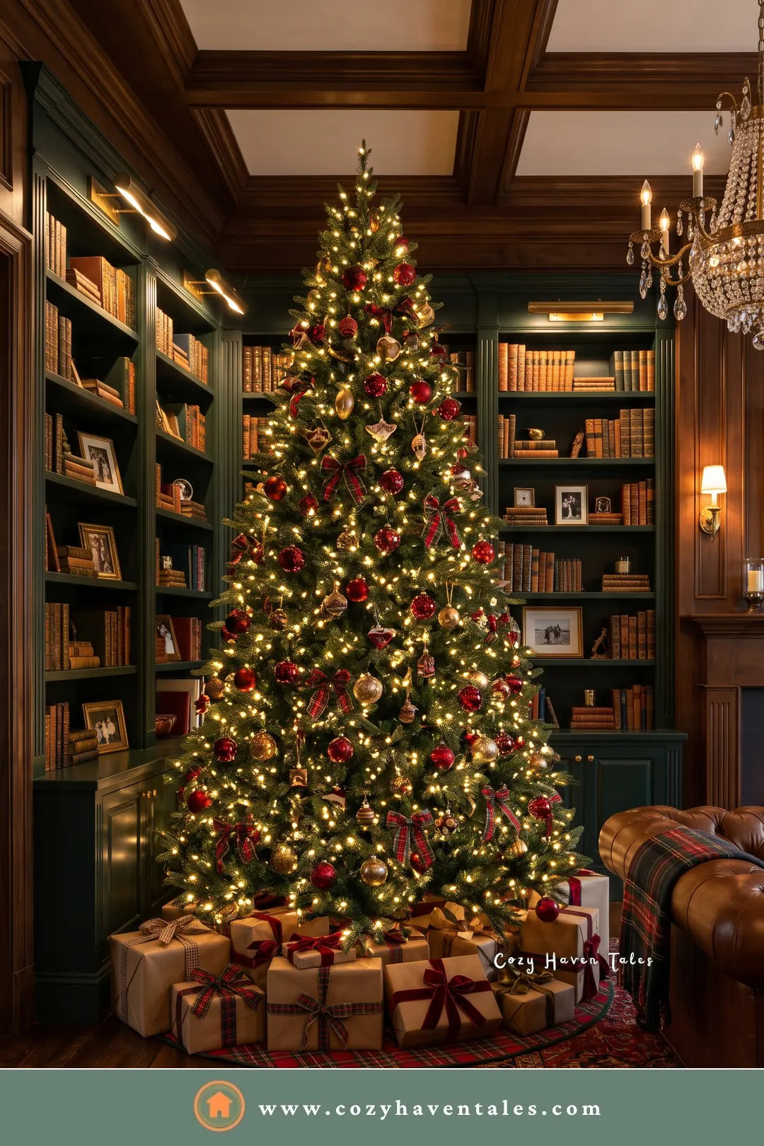Christmas tree with red and gold ornaments in a library with green bookshelves, a classic piece of Ralph Lauren Christmas decor