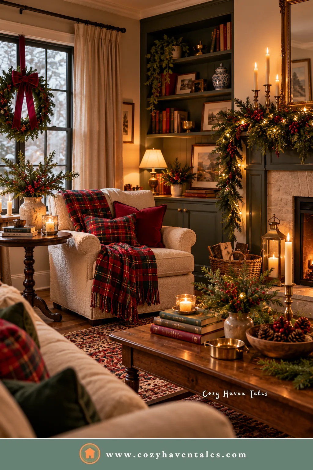 Cream armchair with a red plaid throw, candles, and fresh greenery beside a fireplace and green bookshelves