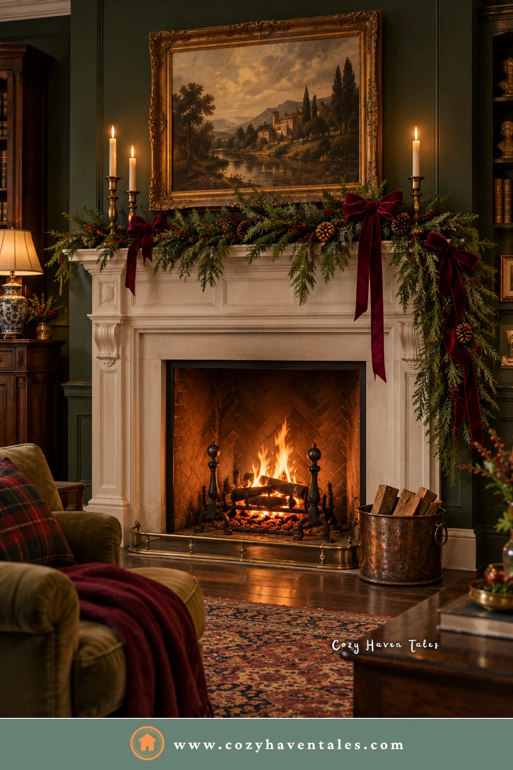 Fireplace mantel with Ralph Lauren Christmas decor: fresh fir garland, burgundy velvet bows, brass candlesticks, and a landscape painting