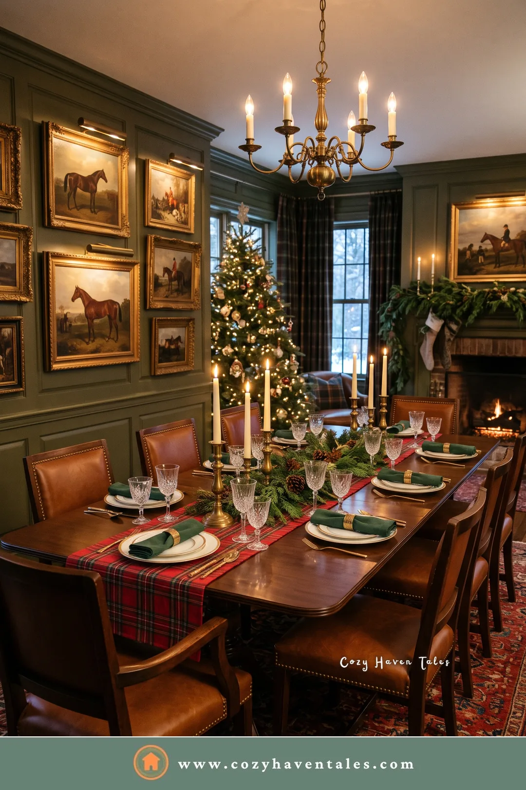 Ralph Lauren Christmas decor on a dining table: red tartan runner, green napkins, brass candlesticks, and horse paintings on green walls