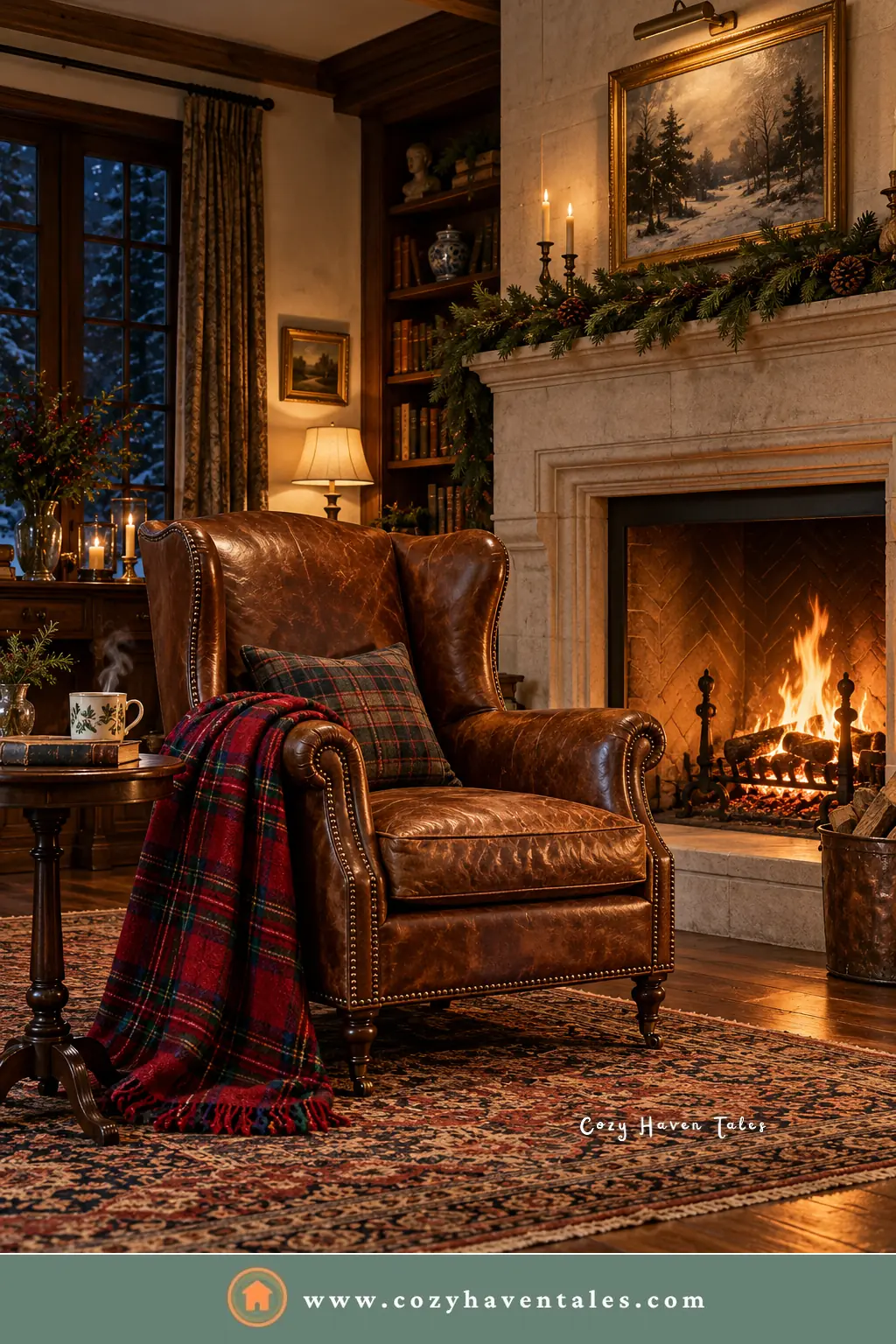Ralph Lauren Christmas decor idea: cognac leather wingback chair with a red tartan throw and plaid pillow beside a lit fireplace