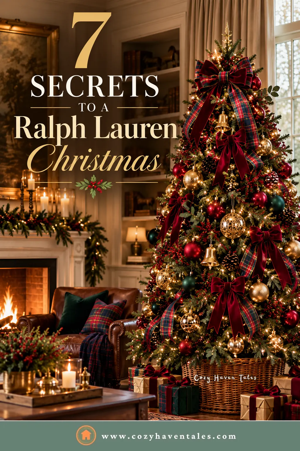 7 Secrets to a Ralph Lauren Christmas title image: Ralph Lauren Christmas decor with a tartan-bowed tree, leather armchair, and fireplace