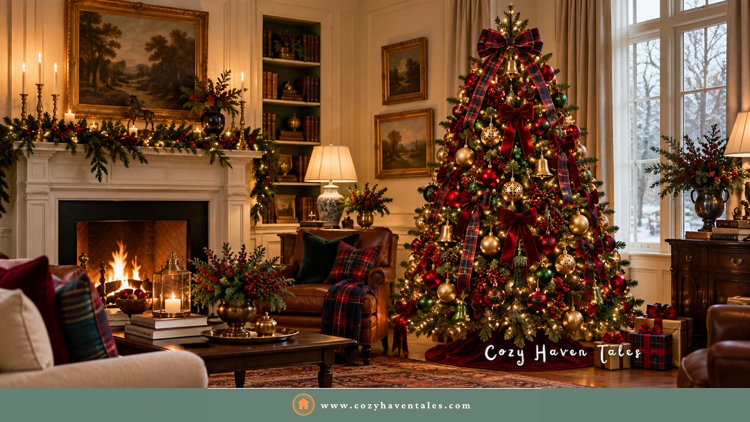 Ralph Lauren Christmas decor in a traditional living room with a garland-draped fireplace, gilt-framed paintings, and a decorated tree