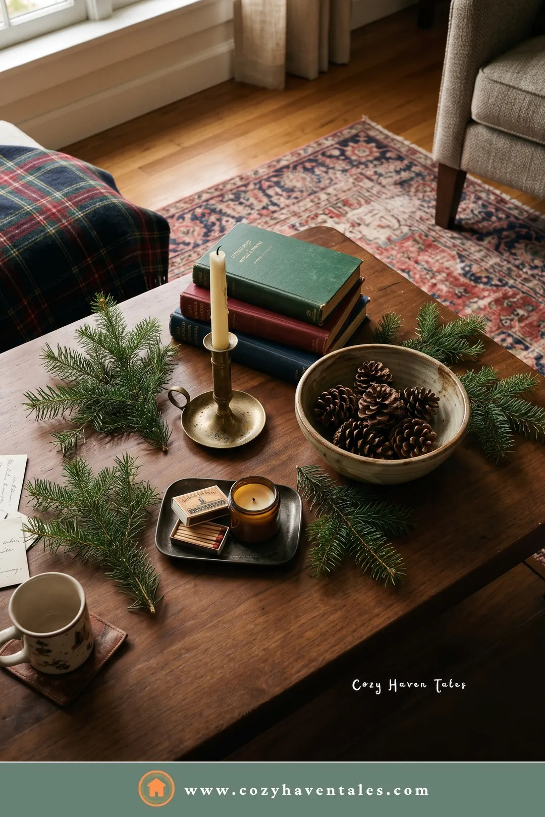 Ralph Lauren Christmas decorating ideas on a budget: coffee table styled with old books, a brass candlestick, pine cones, and fir sprigs