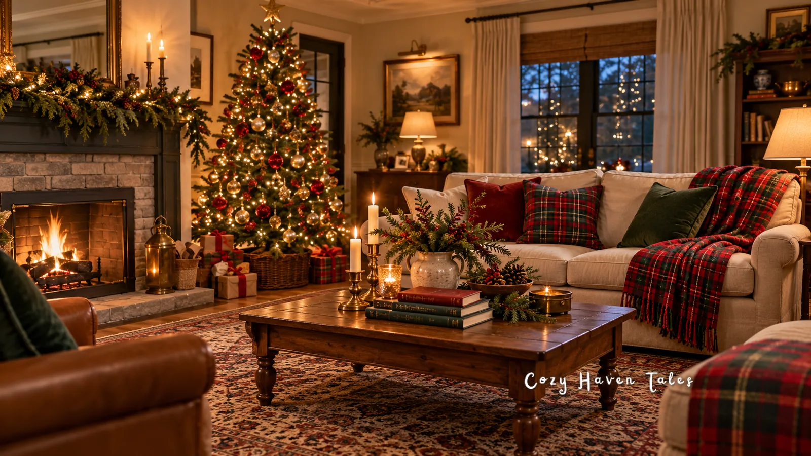 Cozy Christmas living room with tartan throws on a cream sofa, a lit tree, and a stone fireplace
