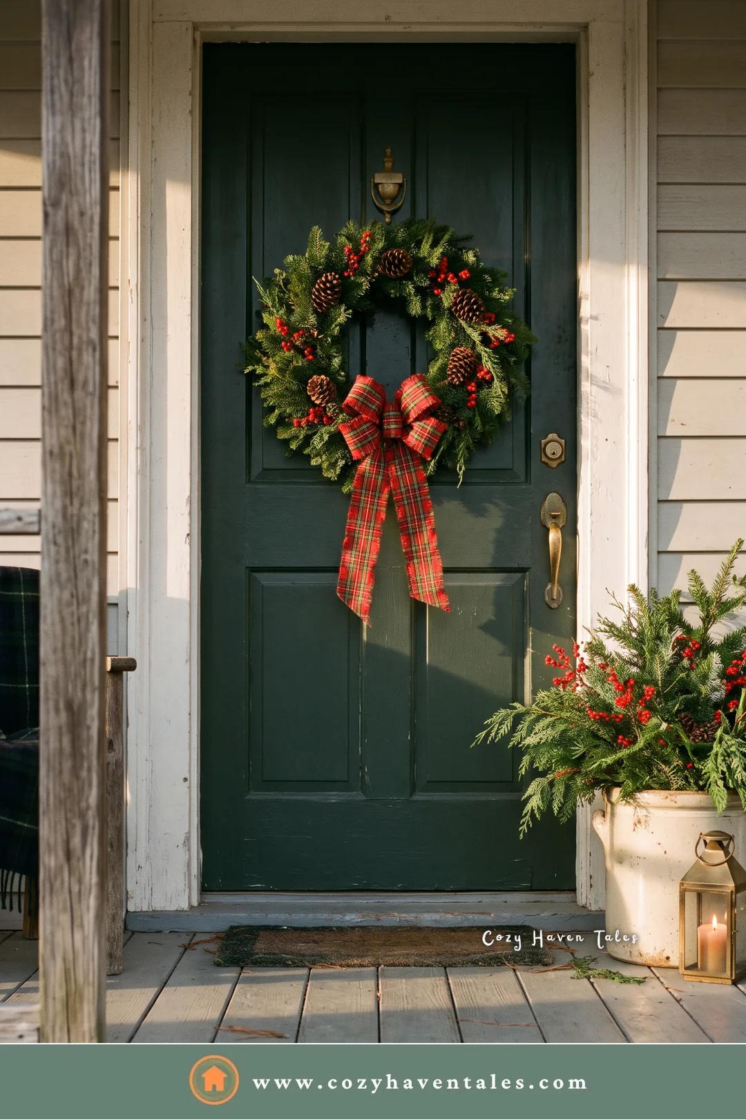 Dark green front door with a fresh wreath and red tartan bow, one of the simplest Ralph Lauren Christmas decorating ideas for an entry