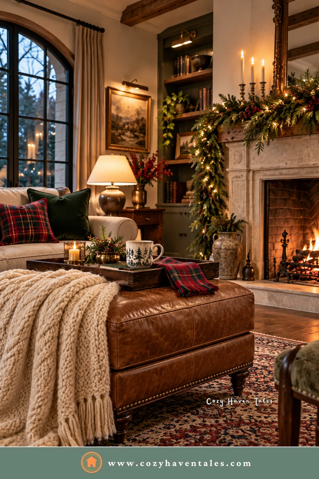 Leather ottoman with a chunky cream knit throw, plaid pillows, and a garland-draped fireplace