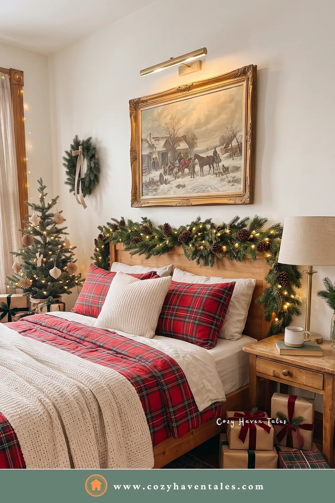 Bedroom with red plaid bedding and a cream knit throw, styled with Ralph Lauren Christmas decorating ideas