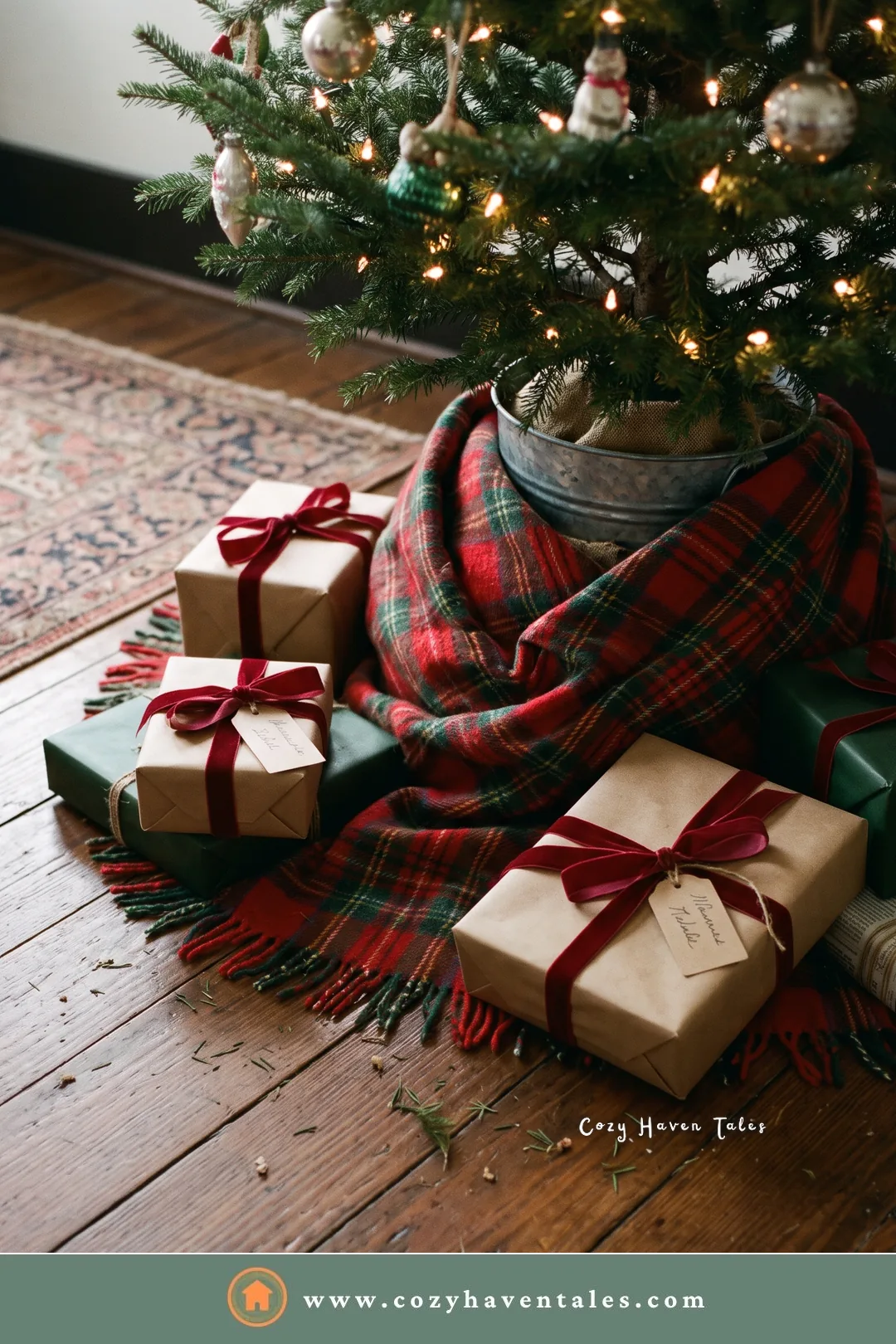 Red tartan wool blanket wrapped around a Christmas tree base with kraft-paper gifts tied in burgundy ribbon