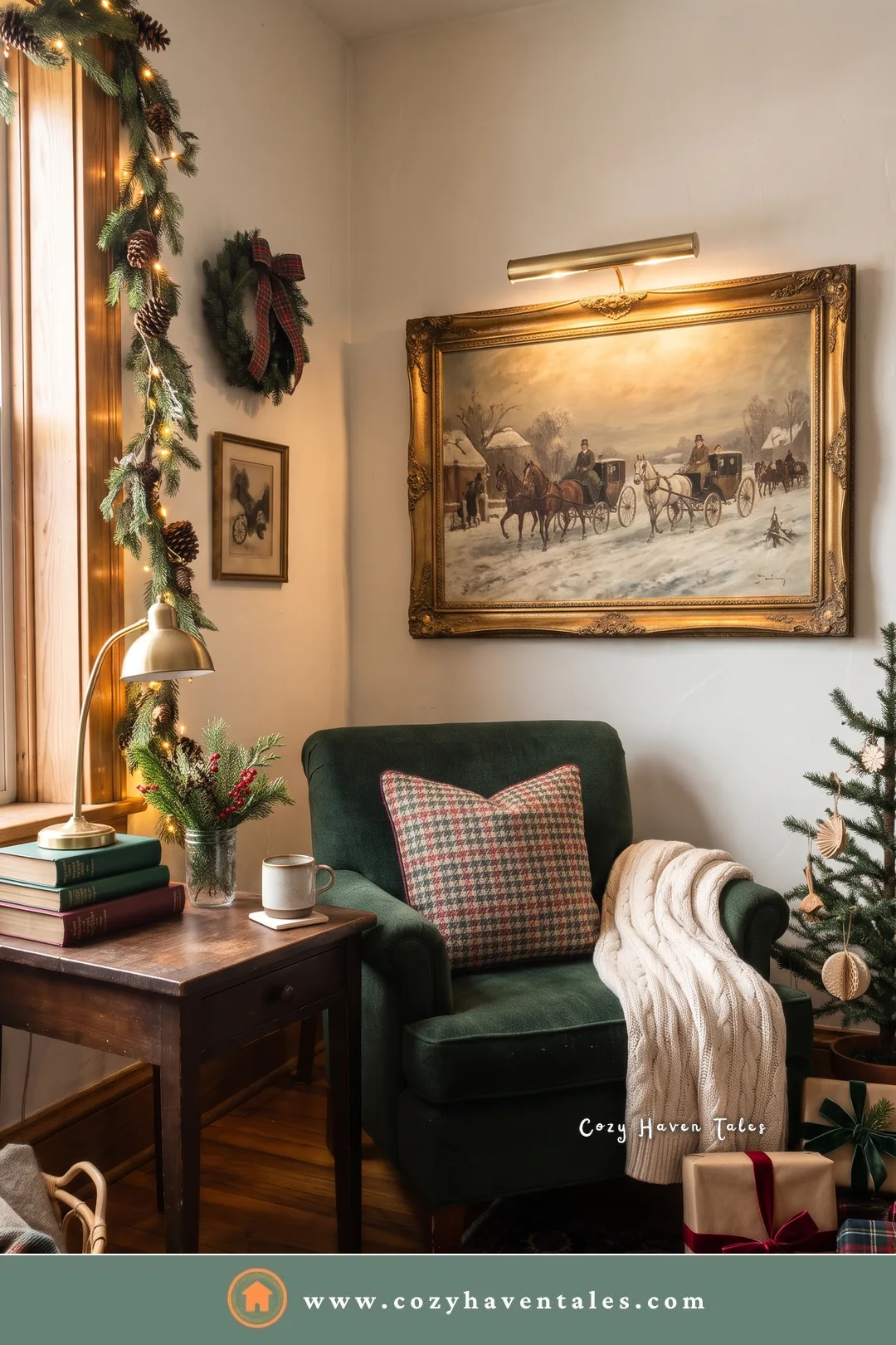 Ralph Lauren Christmas decorating ideas on a budget in a small reading corner: green velvet chair, knit throw, and a little tree
