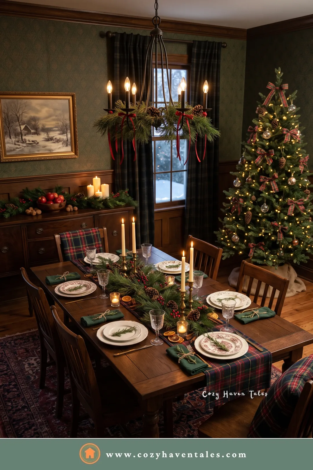 Simple Christmas dining room with a tartan runner, candles, green napkins, and a decorated tree