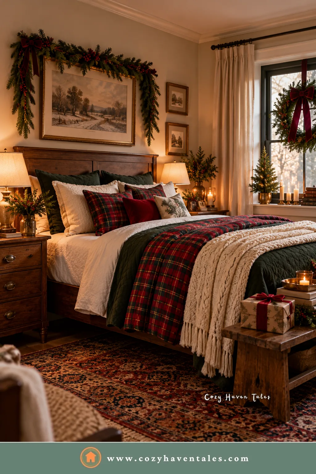 Bedroom styled with Ralph Lauren Christmas decorating ideas: red tartan bedding, a cream knit throw, warm lamps, and a wreath in the window