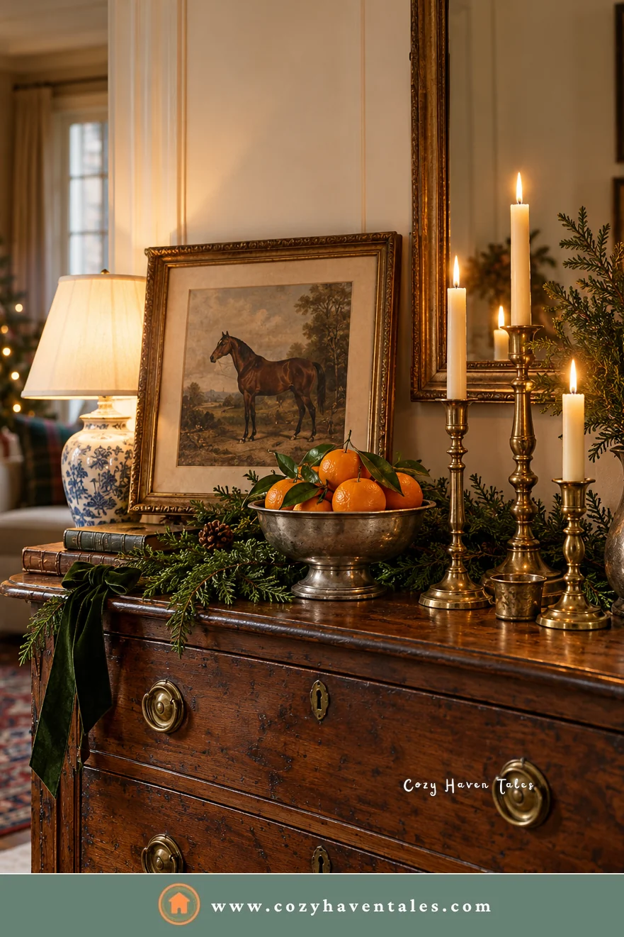 Thrifted brass candlesticks and a horse painting on a wooden dresser, one of the easiest Ralph Lauren Christmas decorating ideas