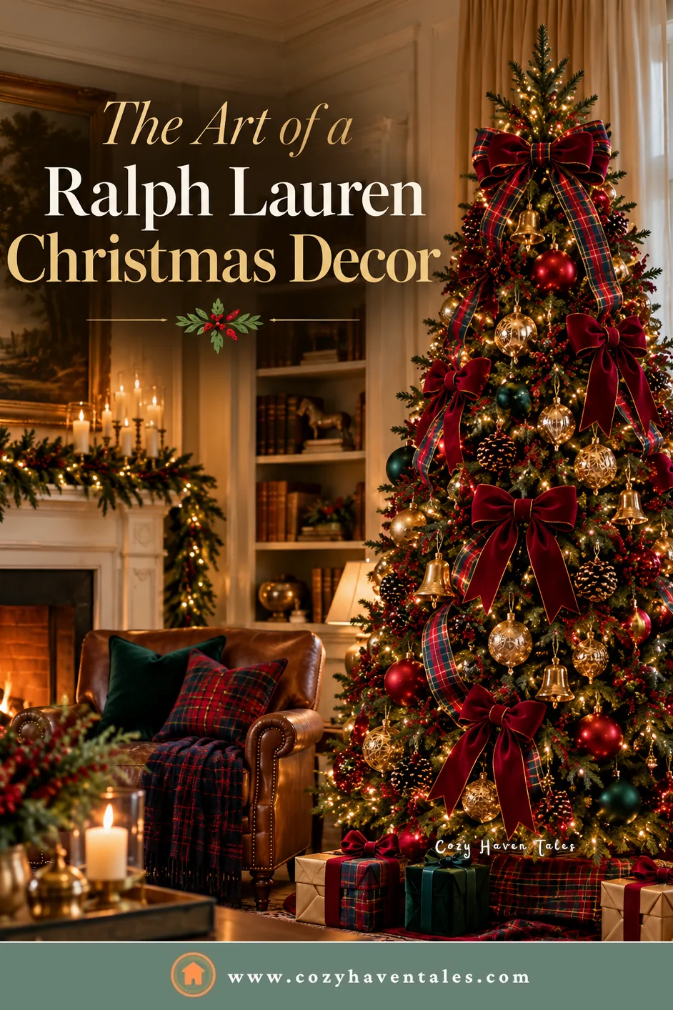 The Art of a Ralph Lauren Christmas Decor title image: Ralph Lauren Christmas decorating ideas with a tartan-bowed tree, leather armchair, and fireplace