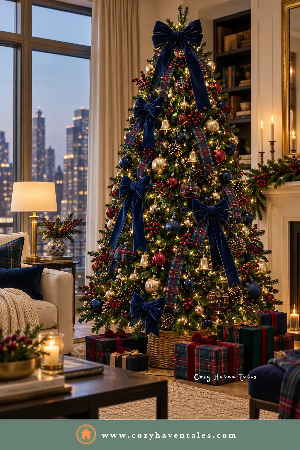 Black Watch style Christmas tree with navy velvet bows, plaid ribbon, and gold ornaments by a city window