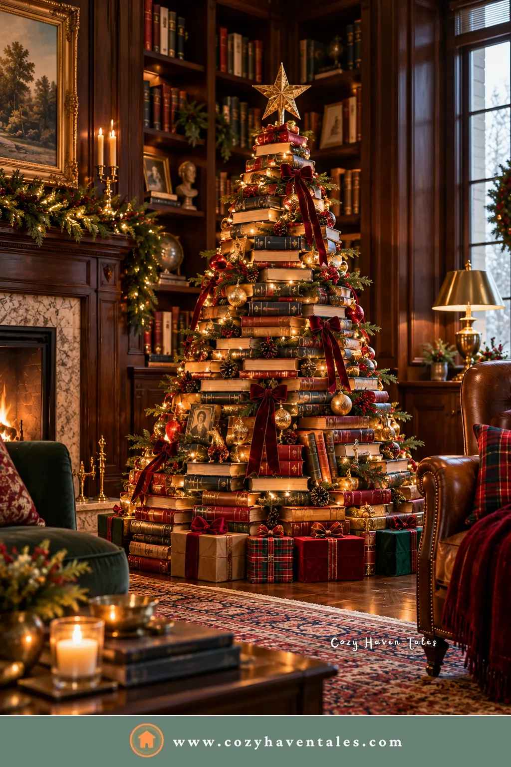 Christmas tree made of stacked books with lights and red ribbon in a wood-paneled library, a playful Ralph Lauren Christmas tree idea