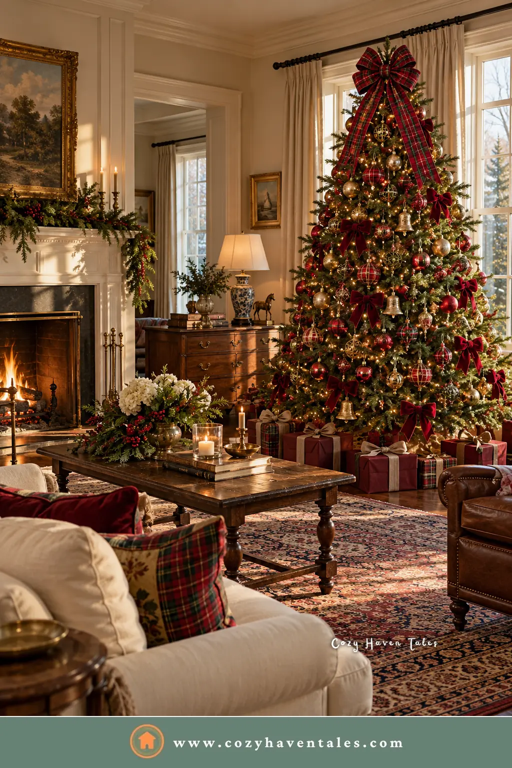 Classic Royal Stewart style Ralph Lauren Christmas tree with red plaid bows in a bright cream living room