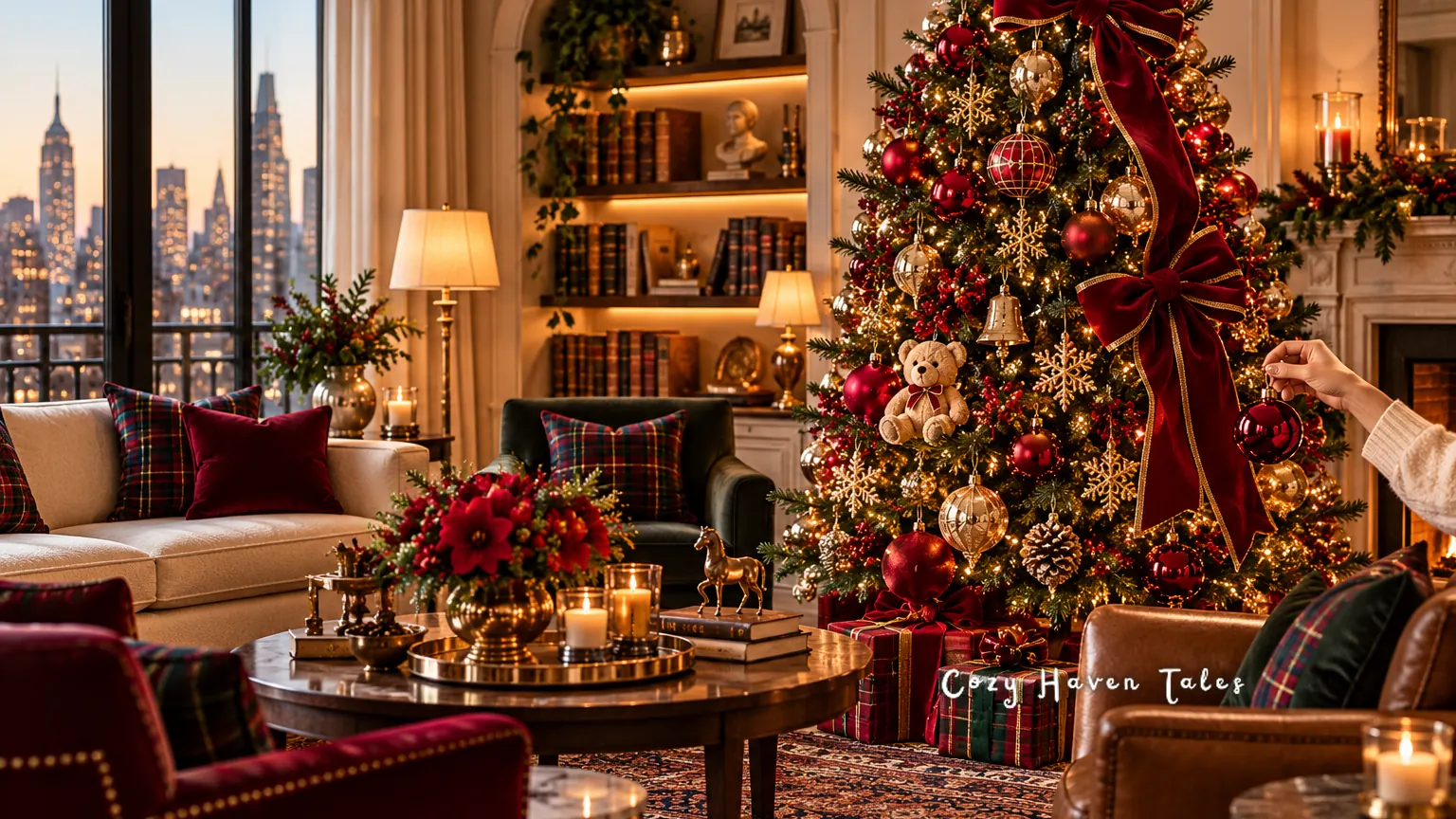 Hand hanging a red ornament on a Ralph Lauren Christmas tree with burgundy velvet ribbon in a living room with plaid pillows and a city view