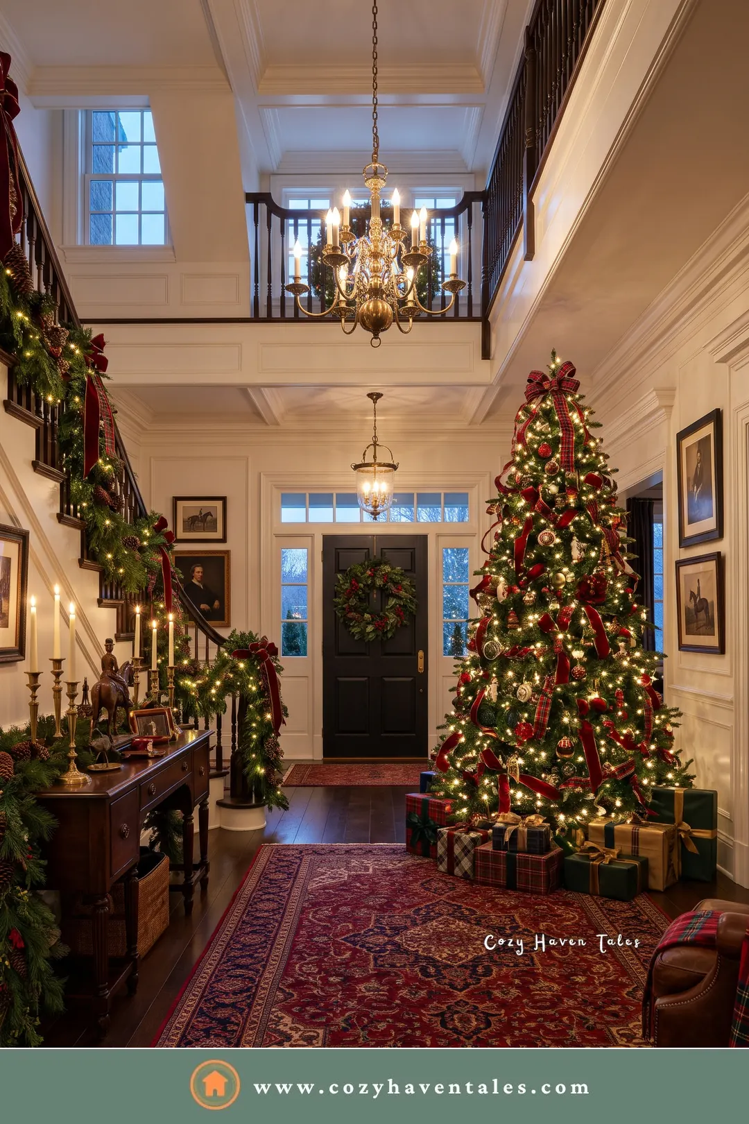 Decorated Christmas tree in a grand foyer beside a garland-wrapped staircase and front door