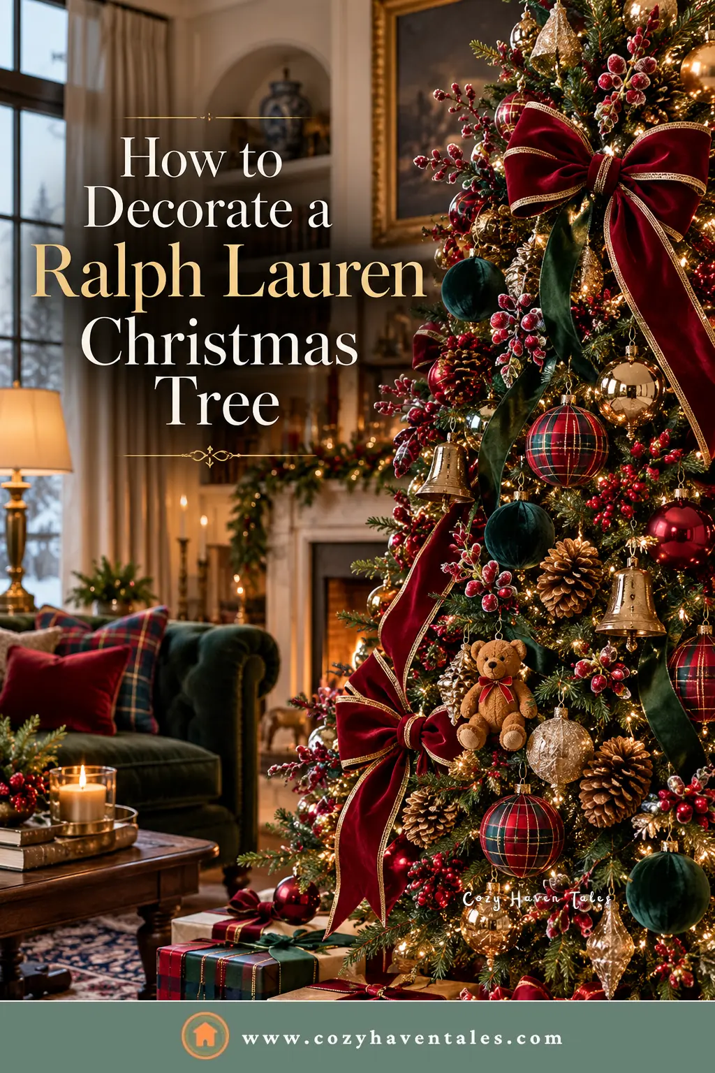 How to decorate a Ralph Lauren Christmas tree title image with tartan velvet bows, red and gold ornaments, and a teddy bear