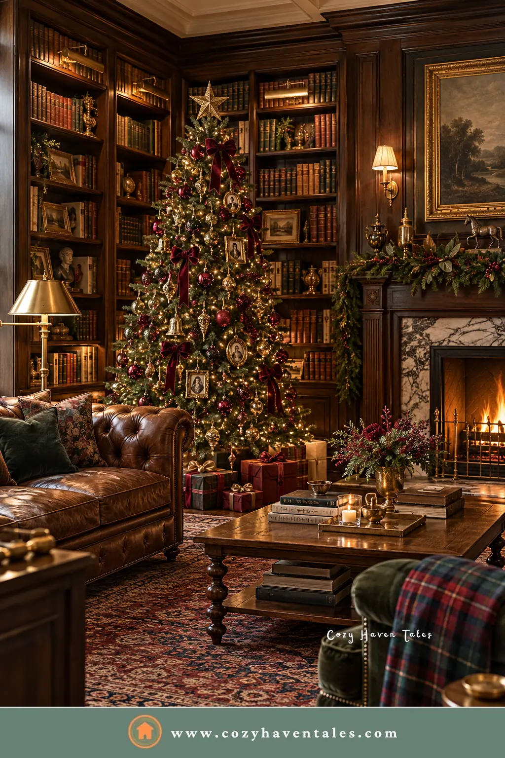Ralph Lauren Christmas tree in a wood-paneled library with leather sofas, a fireplace, and a plaid throw
