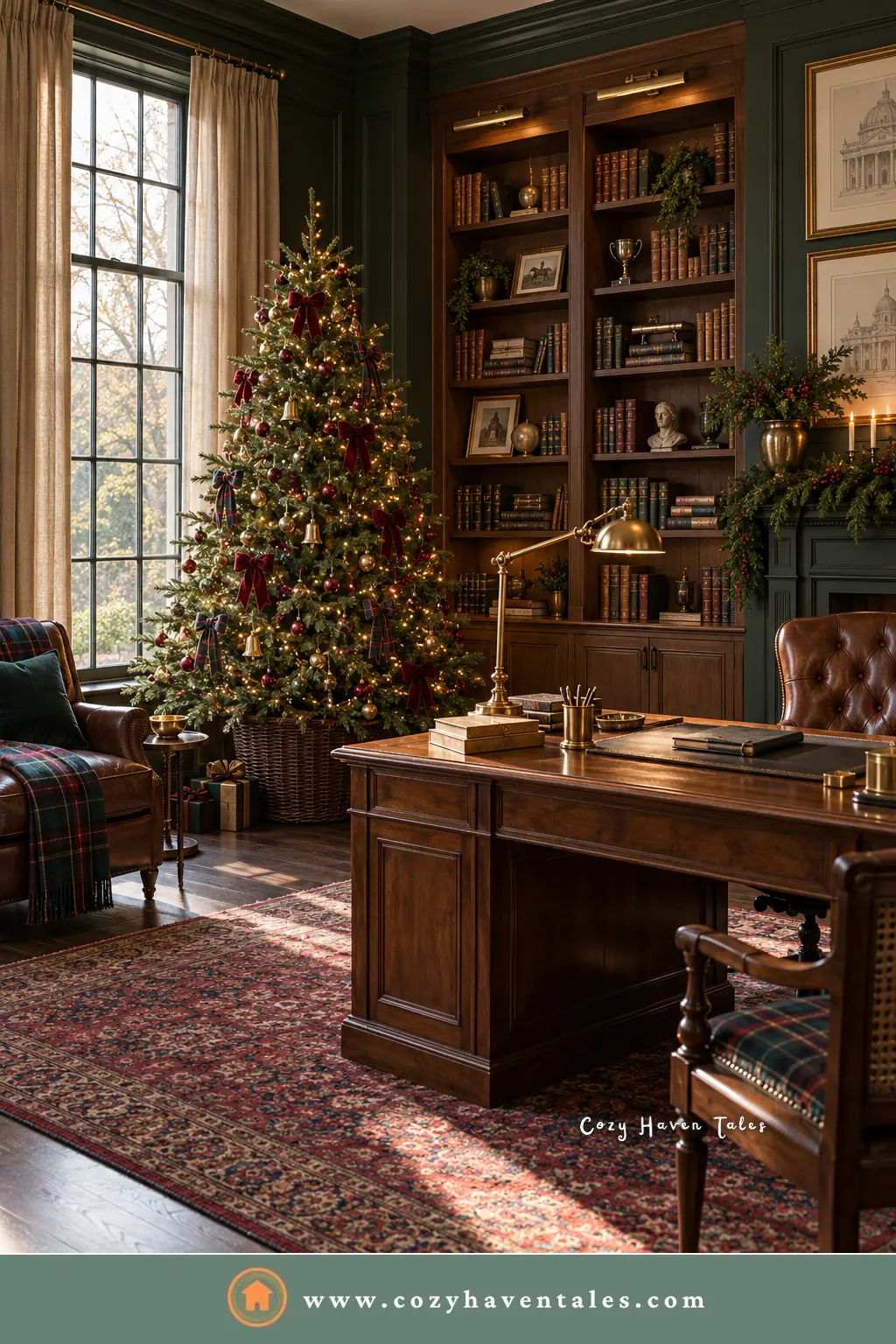 Christmas tree in a home study with green walls, a wooden desk, a leather chair, and a tartan throw