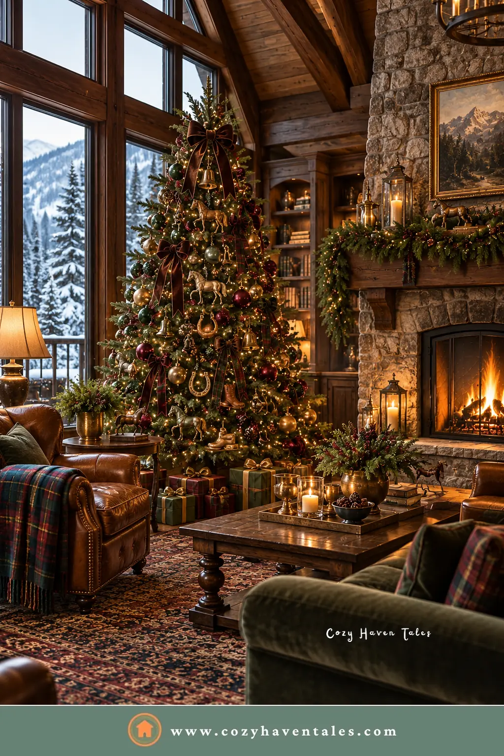 Equestrian-style Ralph Lauren Christmas tree in a mountain lodge with a stone fireplace, leather armchairs, and snowy peaks outside the window