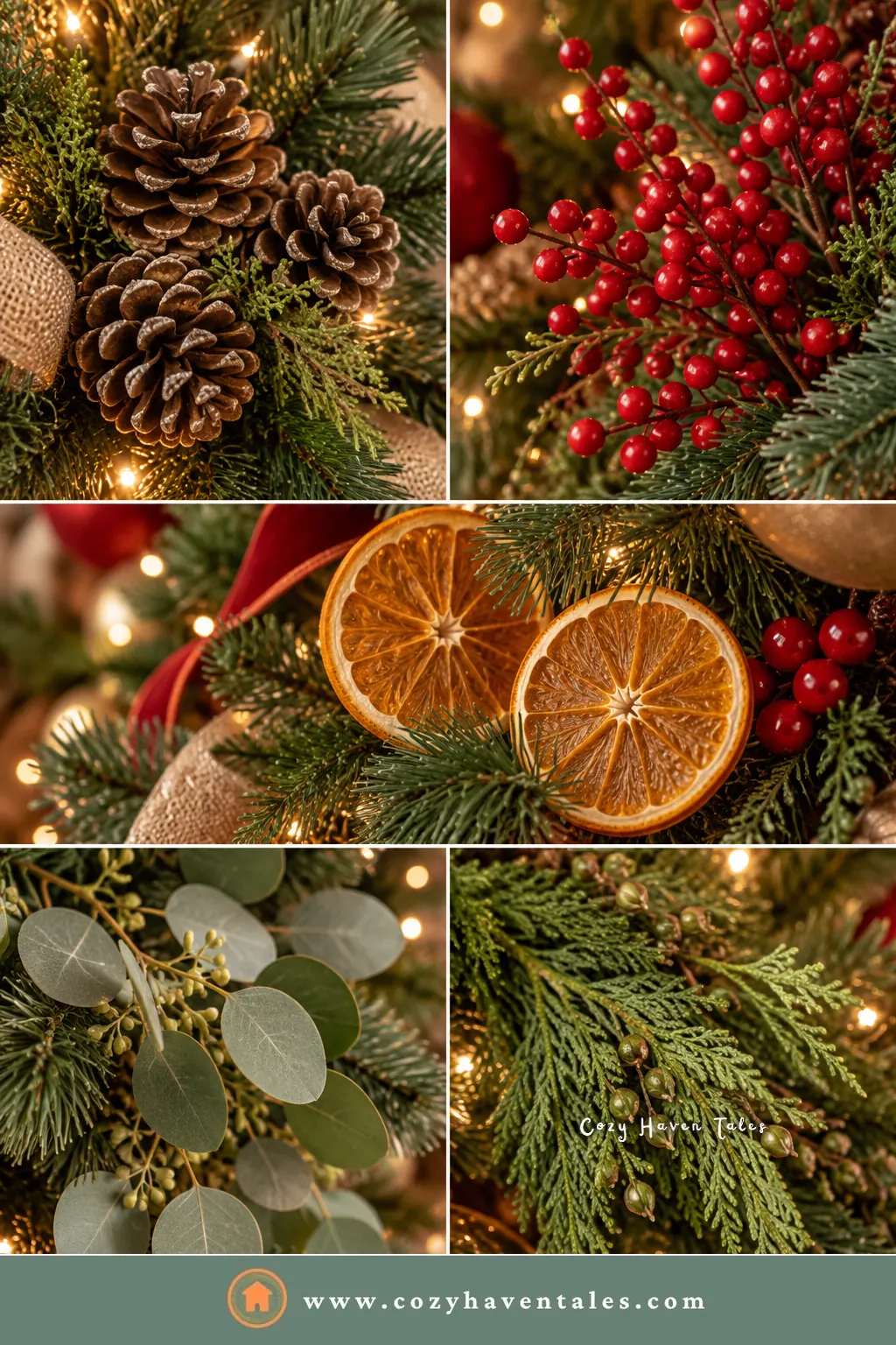 Natural picks for a Ralph Lauren Christmas tree: pine cones, red berries, dried orange slices, eucalyptus, and cedar