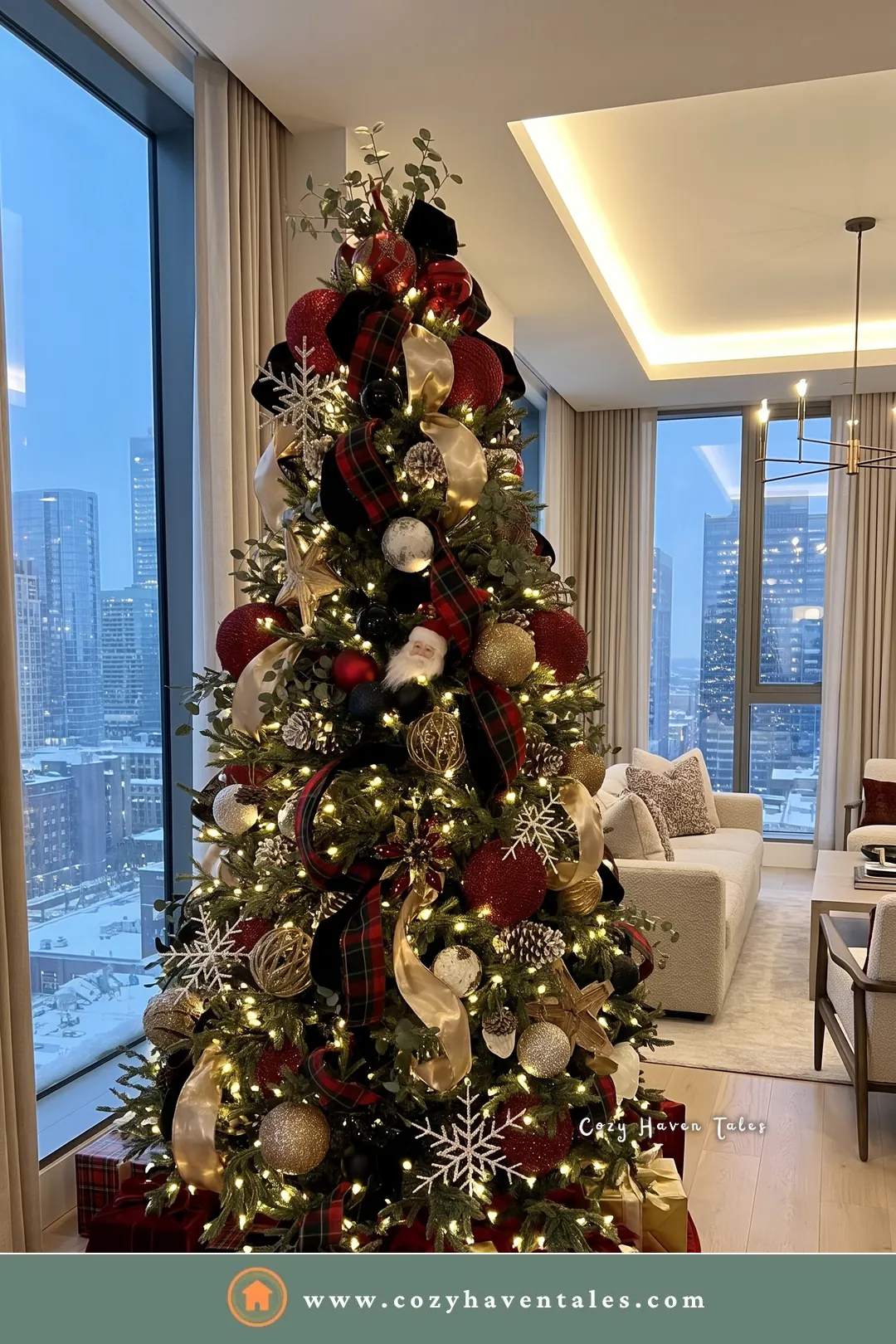 Slim decorated Christmas tree with red, white, and gold ornaments in a narrow apartment living room