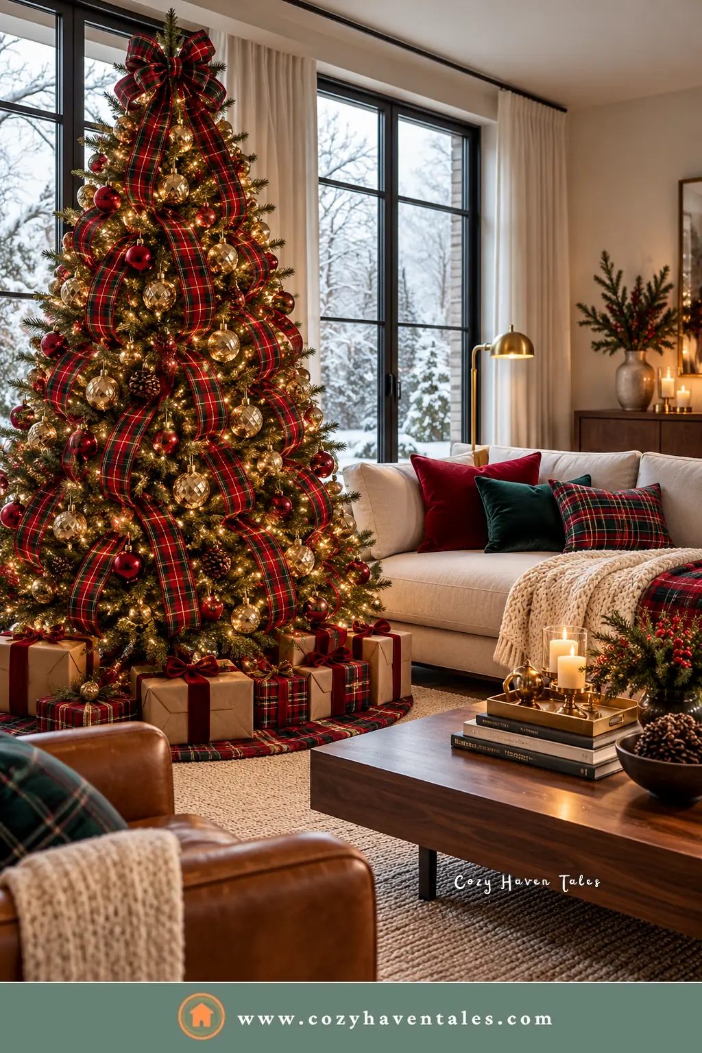 Ralph Lauren Christmas tree with cascading red tartan ribbon and red and gold ornaments in a bright living room