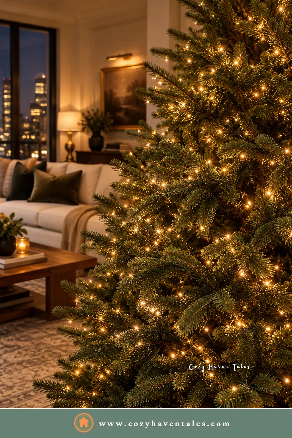 Close-up of a Ralph Lauren Christmas tree glowing with warm white lights in a softly lit living room