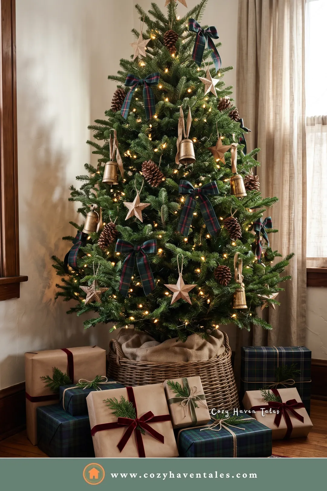 Woodland Christmas tree with pine cones, brass bells, wooden stars, and navy bows in a basket collar
