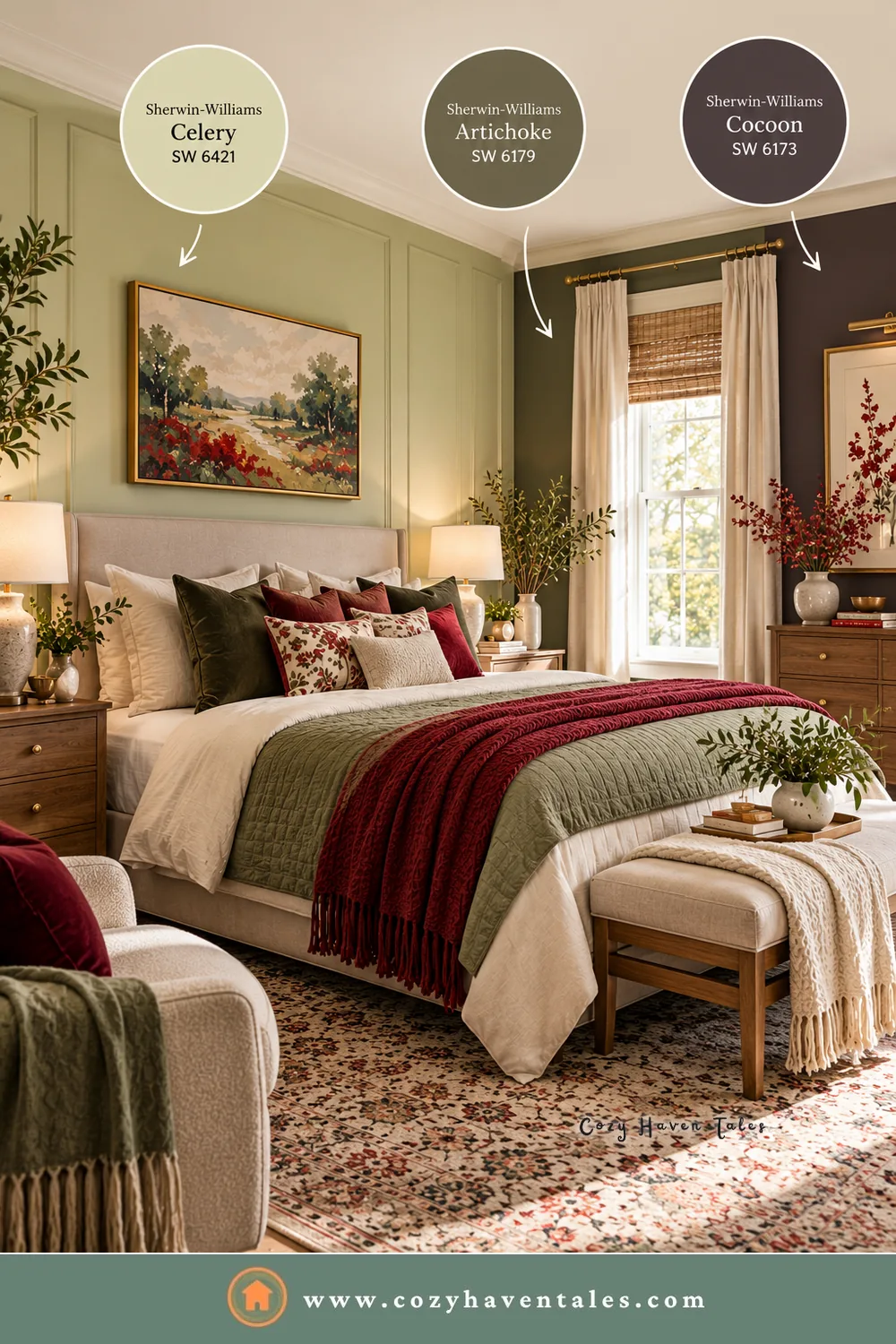 Bedroom with celery green walls, a Cocoon brown accent wall, an olive green quilt, and a red throw