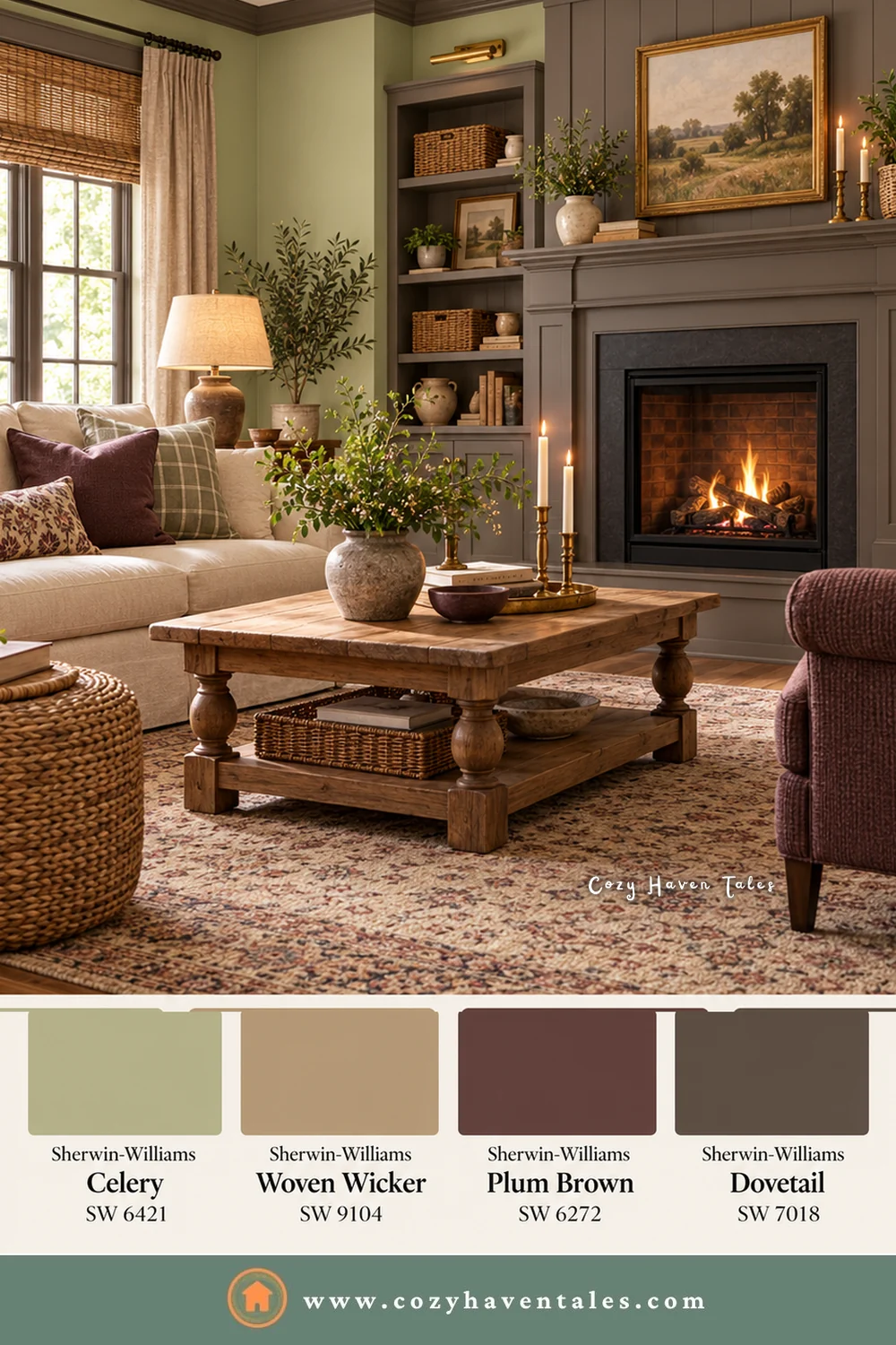 Country living room with Sherwin-Williams Celery walls, a dark gray fireplace wall, plum armchairs, and Woven Wicker, Plum Brown, and Dovetail swatches
