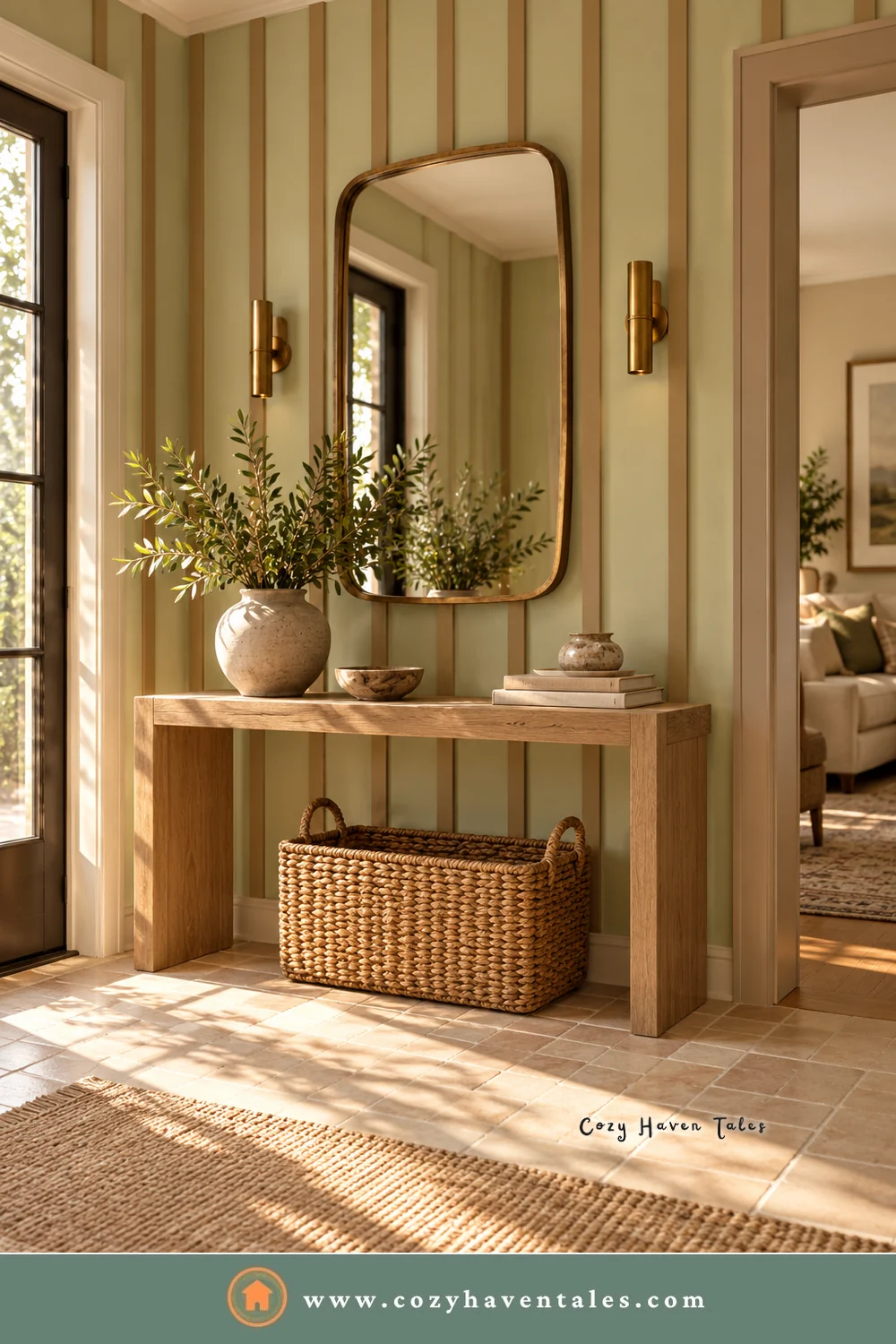 Entryway with pale celery green walls, white door frames, an oak console, a woven basket, and a brass mirror