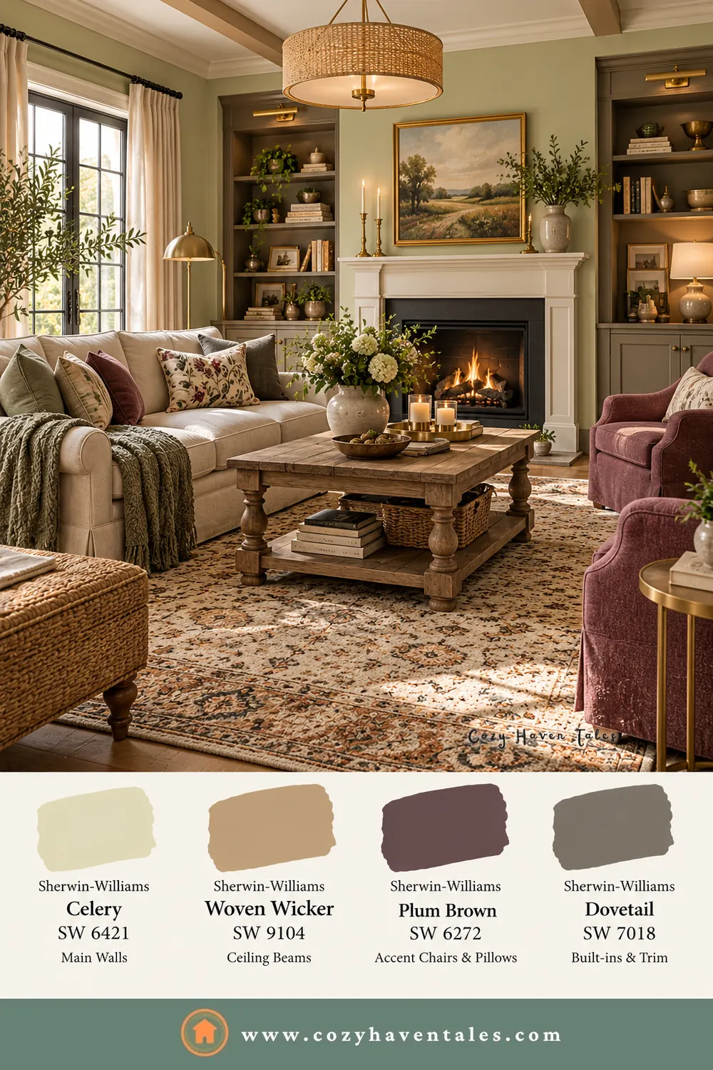 Farmhouse living room with Sherwin-Williams Celery walls, Woven Wicker ceiling beams, Dovetail built-ins, and plum accent chairs