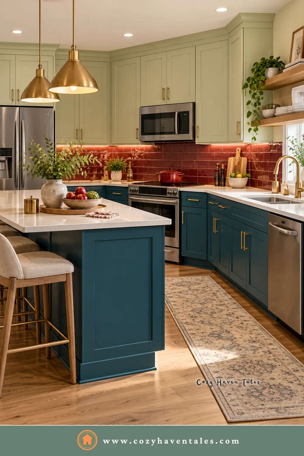 Kitchen with celery green upper cabinets, teal lower cabinets, a red tile backsplash, and brass pendants