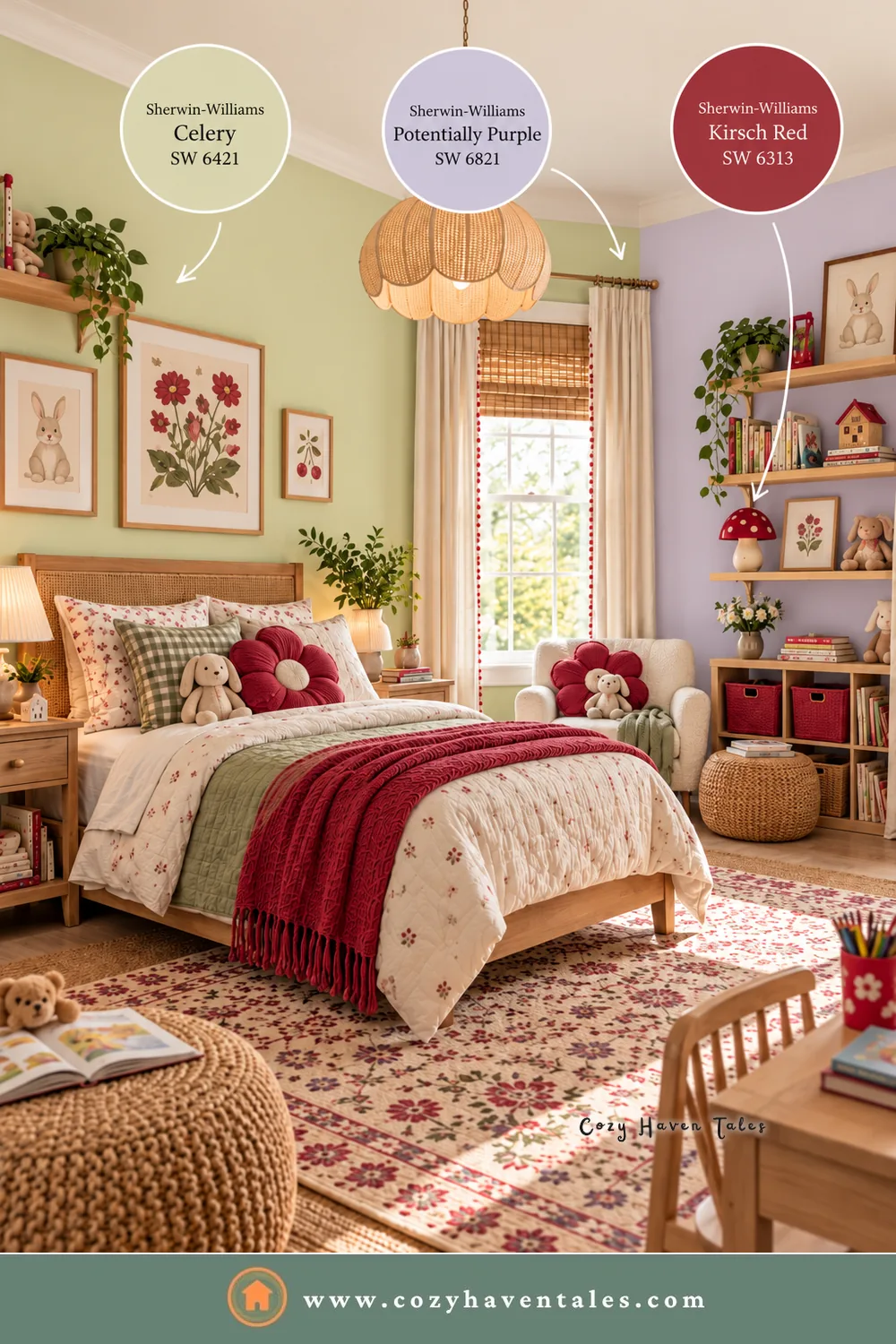 Child's bedroom with Sherwin-Williams Celery and Potentially Purple walls and a Kirsch Red quilt