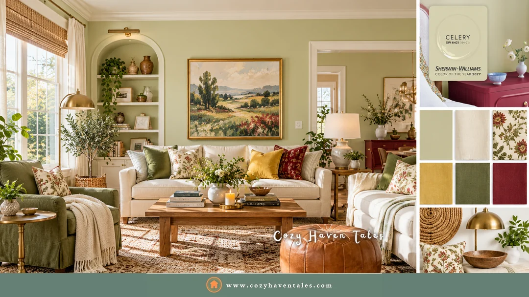 Sunny living room with Sherwin-Williams Celery walls beside a Celery Color of the Year 2027 paint chip and cream, mustard, olive, and berry red fabric swatches