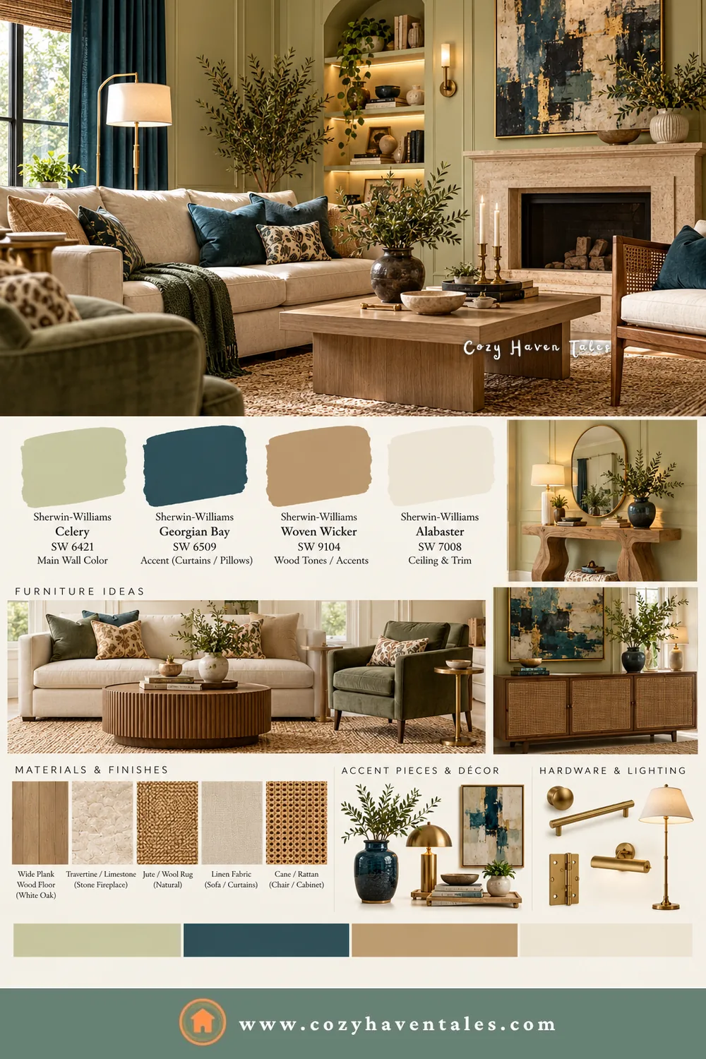 Sherwin-Williams Celery living room moodboard with Georgian Bay, Woven Wicker, and Alabaster swatches, oak, jute, linen, cane, and brass