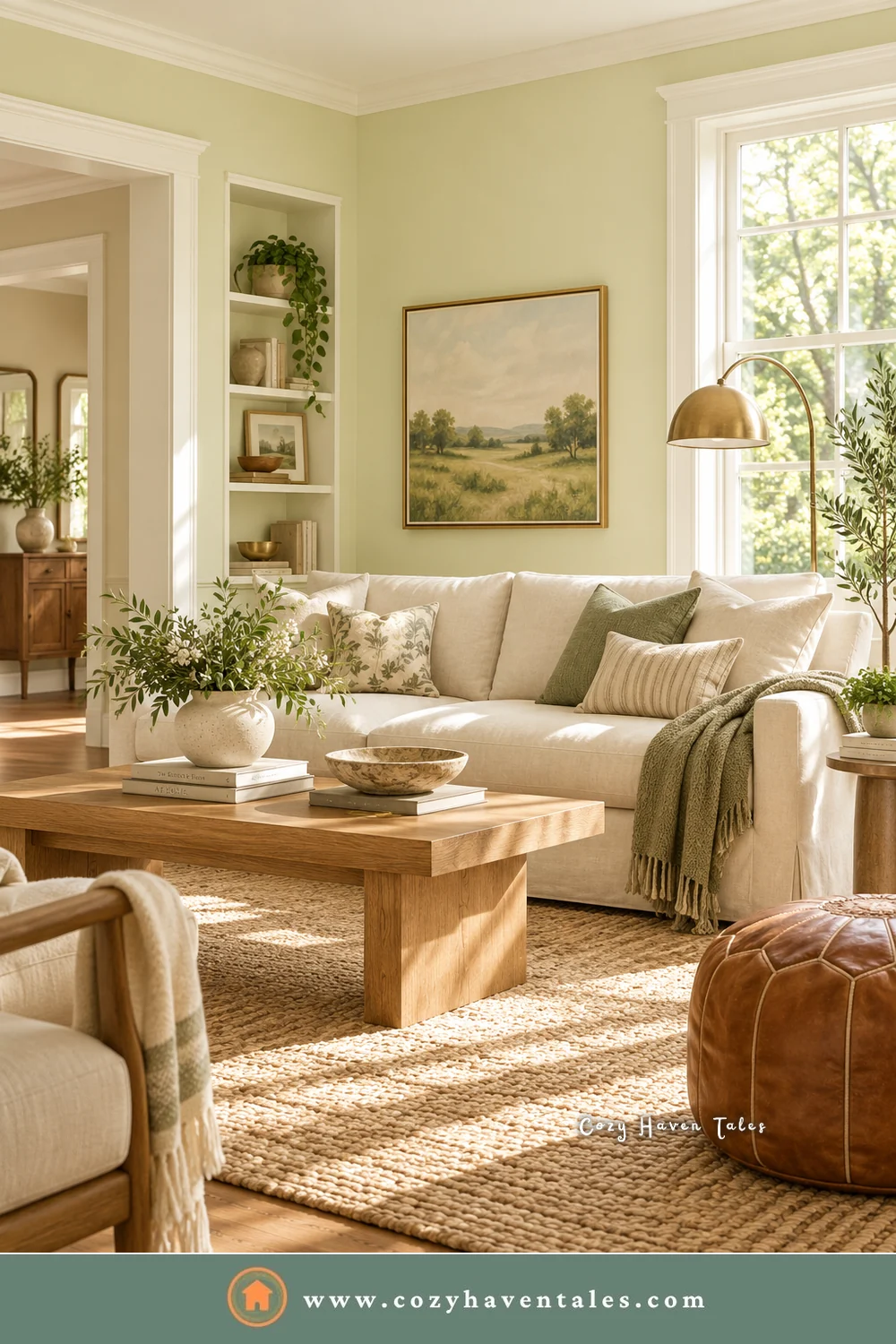 Sunlit living room with Sherwin-Williams Celery walls, white trim, a cream sofa, an oak coffee table, and a leather pouf