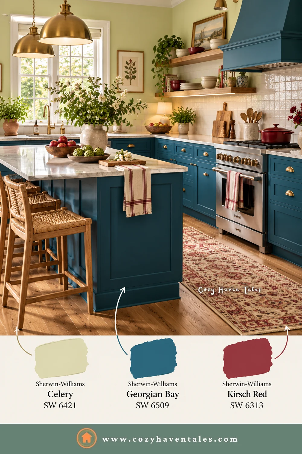 Kitchen with Sherwin-Williams Celery walls, a Georgian Bay teal island and hood, brass pendants, and a red runner