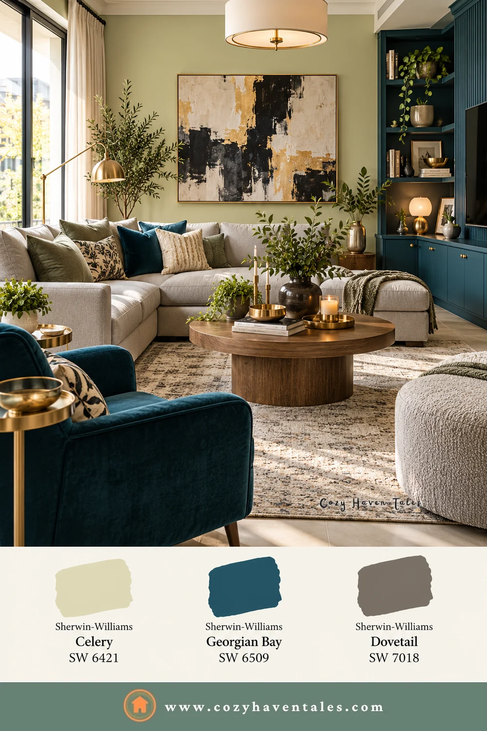 Living room with pale celery green walls, deep teal built-ins, a teal velvet chair, and a light gray sectional