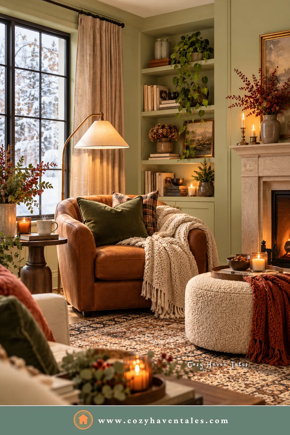 Winter reading nook with pale celery green walls, a caramel leather armchair, a knit throw, candles, and a lit fireplace