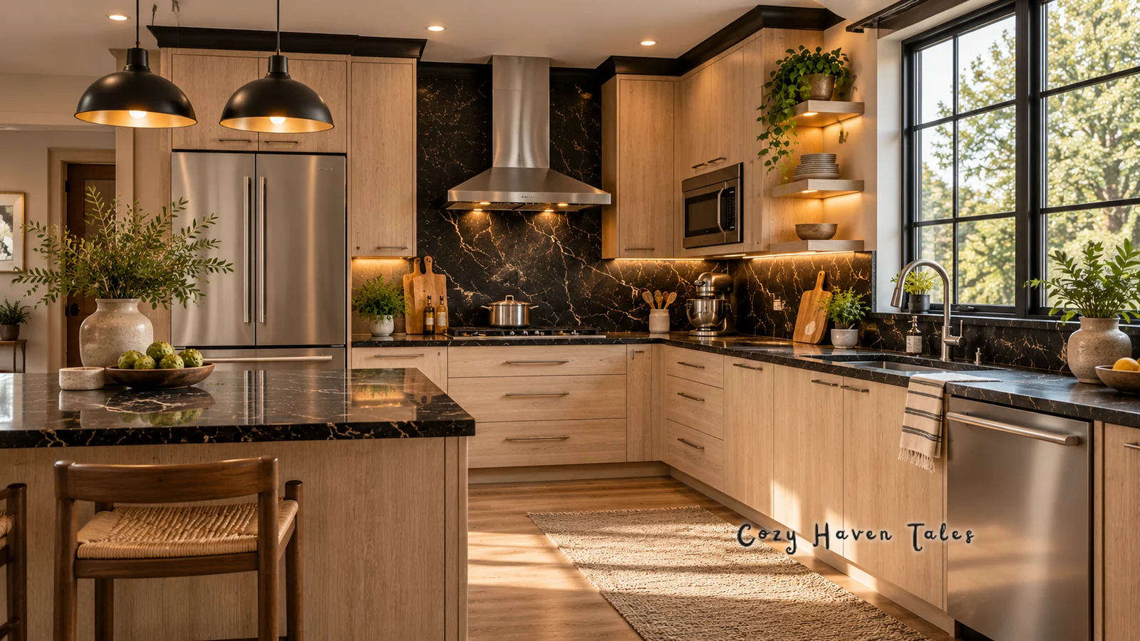 Warm oak kitchen with a stainless steel refrigerator and dishwasher, black marble counters, and woven stools