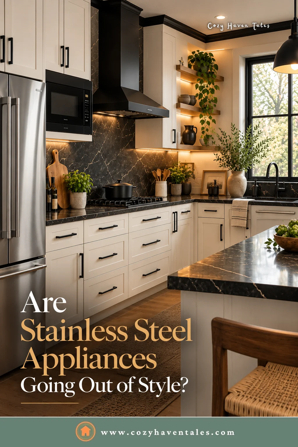 Are stainless steel appliances going out of style? Title image over a kitchen with a stainless refrigerator, black hood, and white cabinets