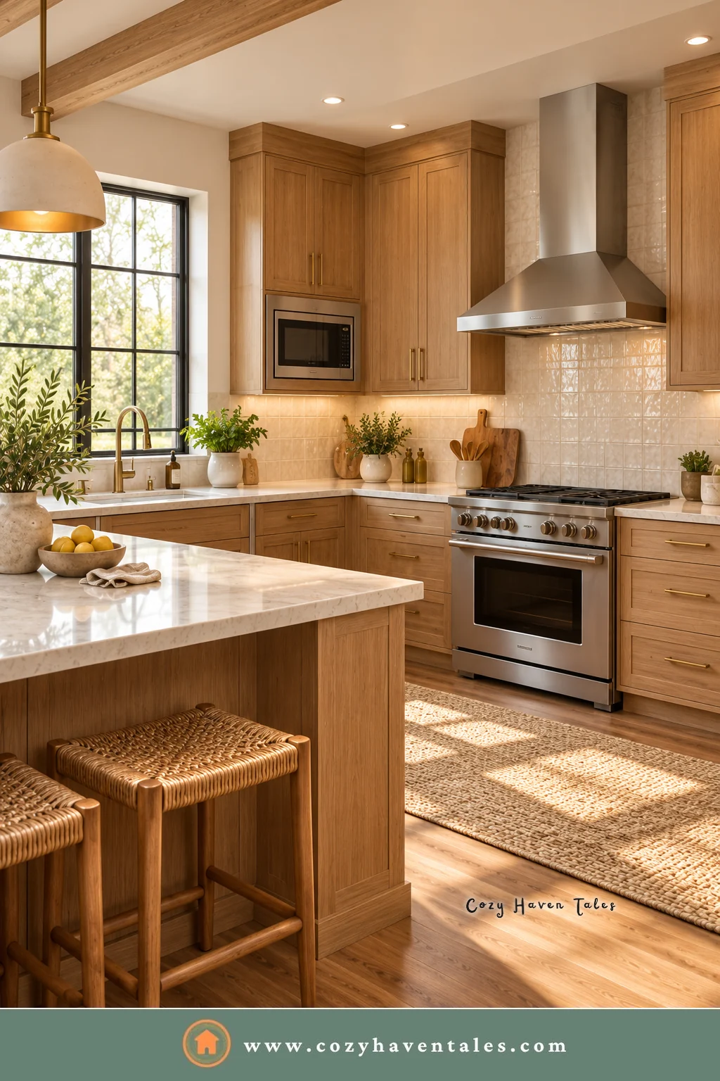 Stainless steel range and hood set into warm wood cabinets with a white tile backsplash, proof stainless steel appliances aren't going out of style