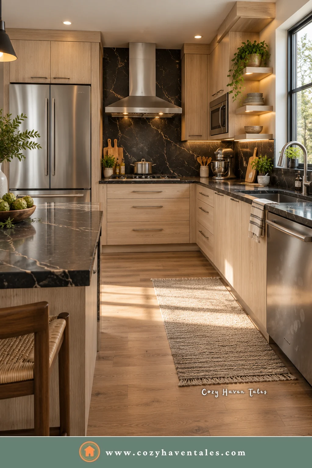 Stainless steel refrigerator and dishwasher in a warm wood kitchen, the large flat surfaces where fingerprints show most