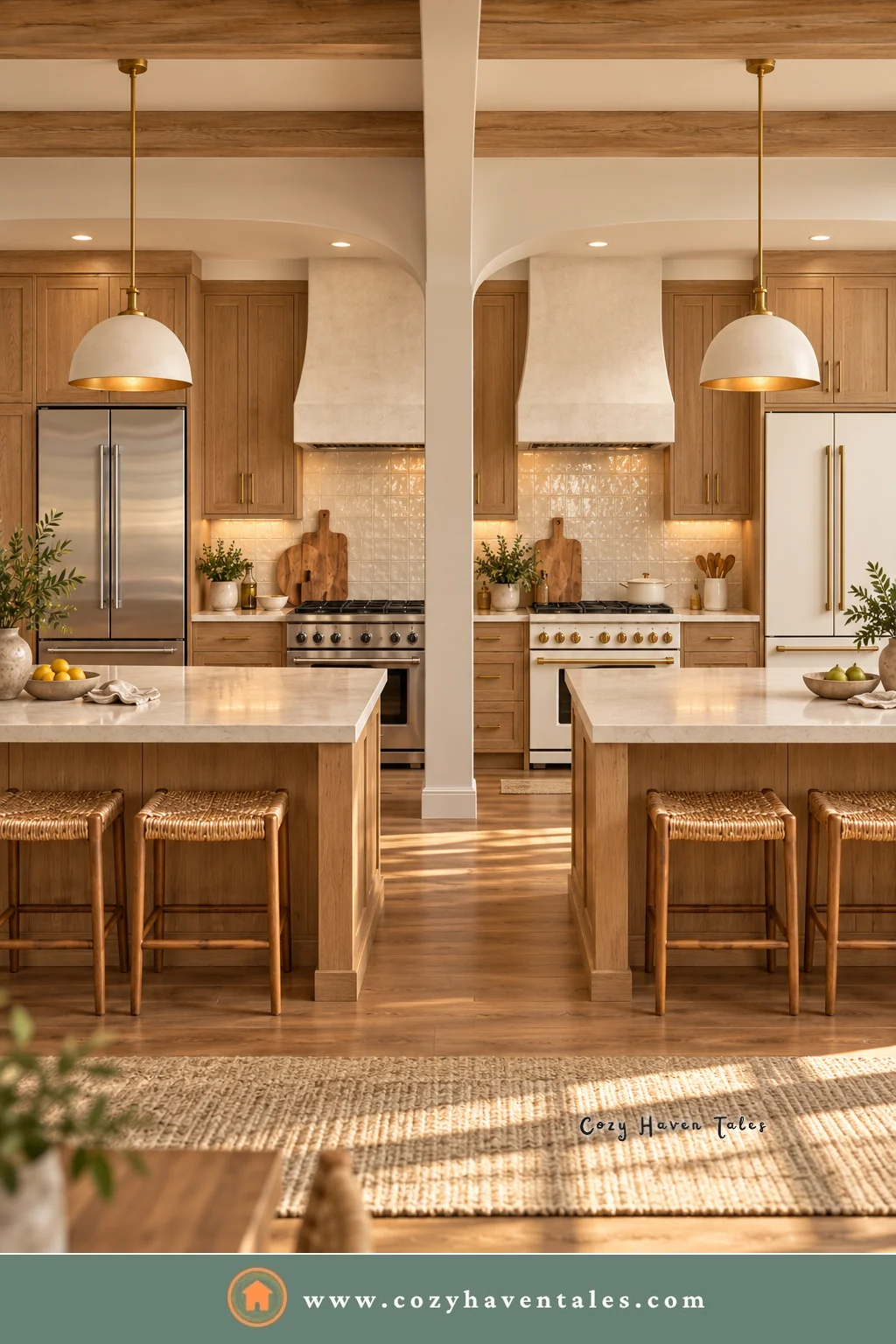 Stainless steel and white appliances side by side in matching wood kitchens, comparing finishes as stainless steel appliances are going out of style